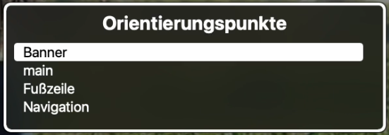 Orientierungspunkte-Liste einer Website mit ausgeblendetem Hover-Menü
